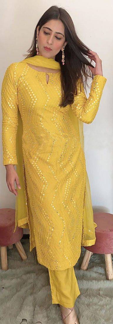 Phenomenal Light yellow Decorated with Mirror Faux Georgette Palazzo Salwar Suit
