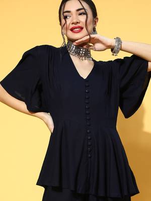 Navy Blue plain viscose rayon indowestern 4