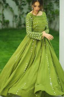 Phenomenal Olive Green Cotton Base Mirror Work Designer Gown