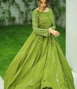 Phenomenal Olive Green Cotton Base Mirror Work Designer Gown