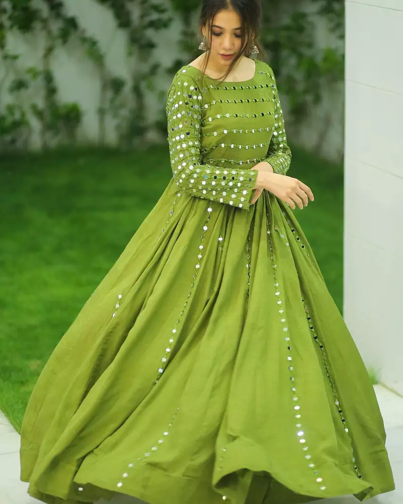 Phenomenal Olive Green Cotton Base Mirror Work Designer Gown