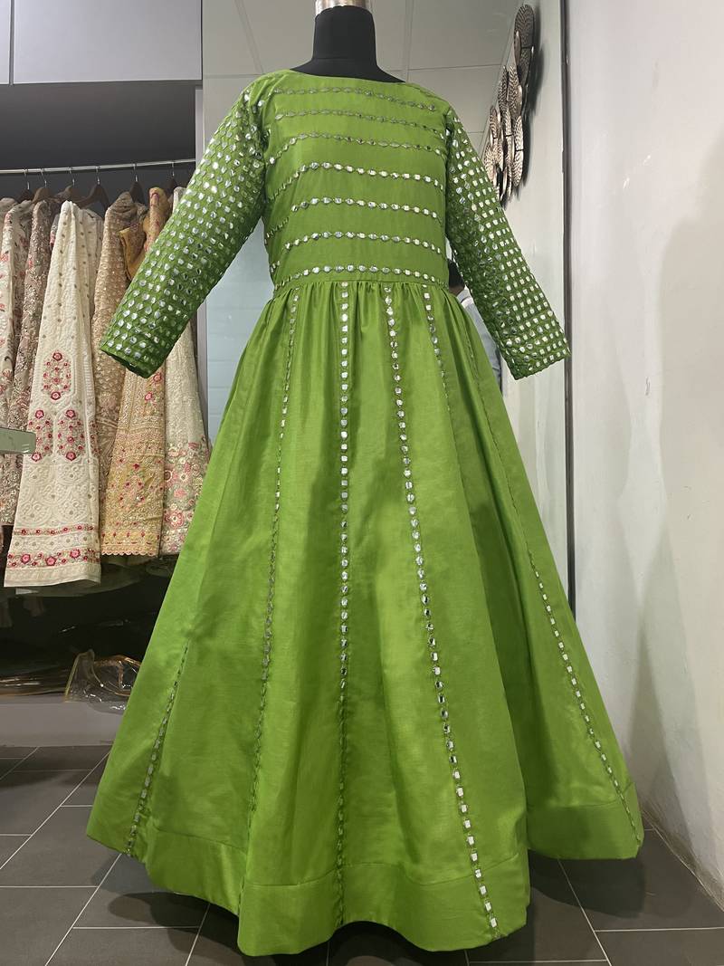 Phenomenal Olive Green Cotton Base Mirror Work Designer Gown