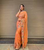Orange Georgette Designer Multi Sequins Embroidery Saree
