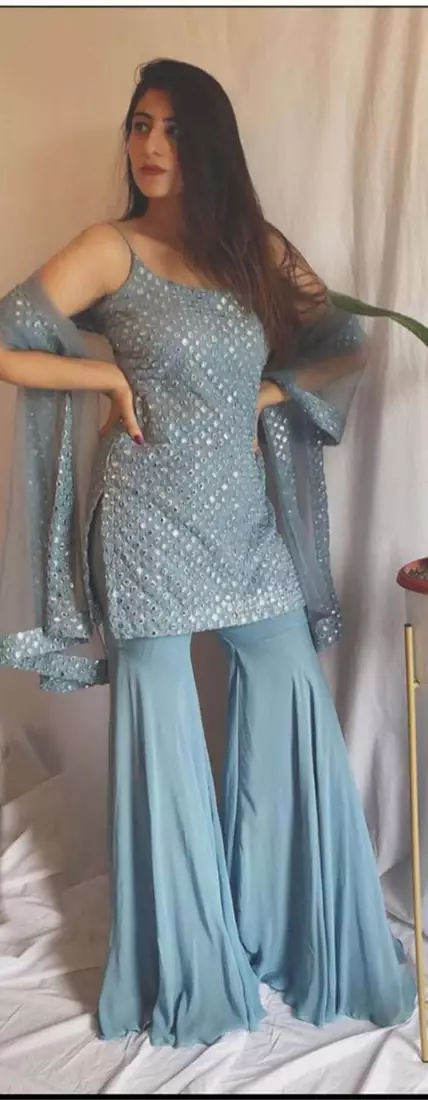 Sparkling Cloudy Grey Georgette Stylish Festive Wear Sharara Suit