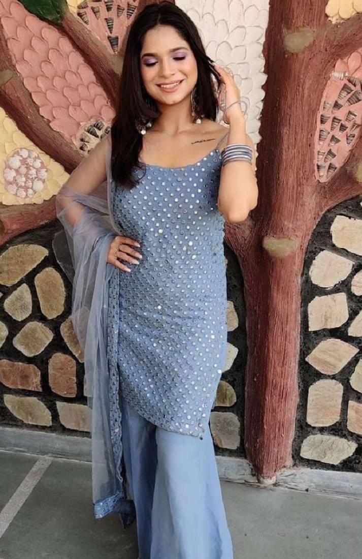 Sparkling Cloudy Grey Georgette Stylish Festive Wear Sharara Suit