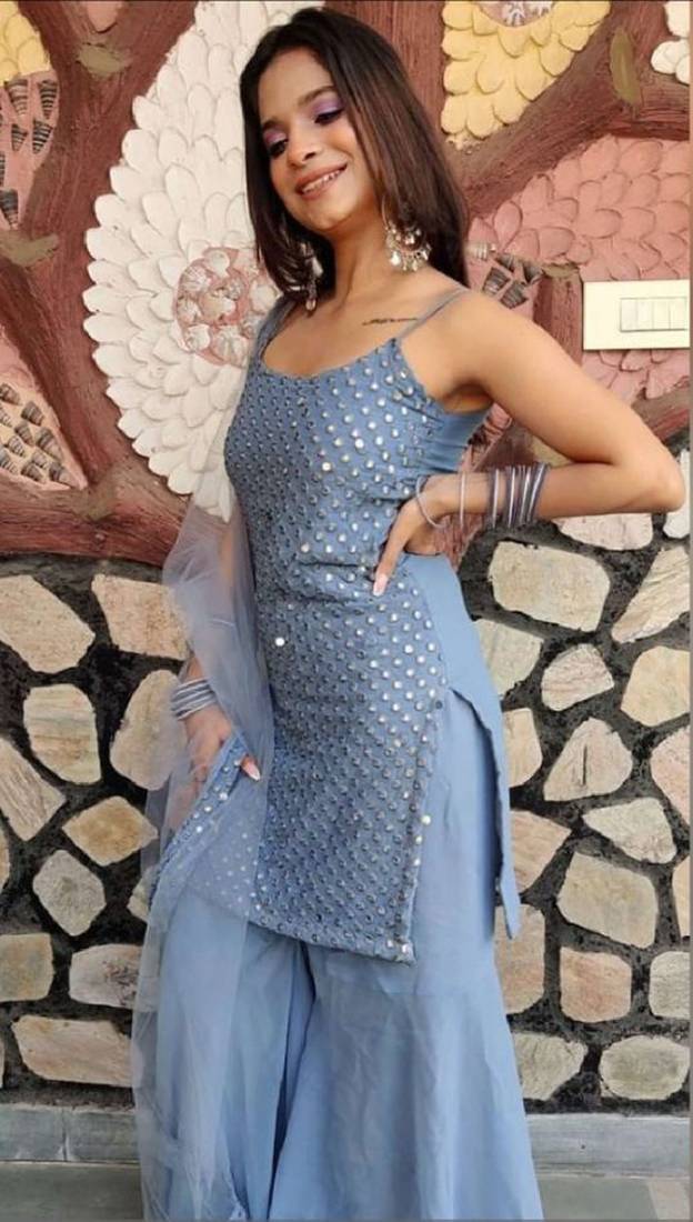 Sparkling Cloudy Grey Georgette Stylish Festive Wear Sharara Suit