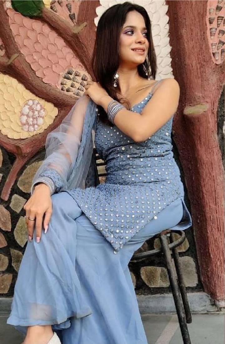 Sparkling Cloudy Grey Georgette Stylish Festive Wear Sharara Suit