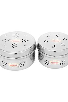 Stainless Steel Hole Puri Dabba   Sprout  Dhaniya Dibba  Pack of 2(Dia 10.5cm H 5.5cm)and(Dia 12.5cm H 6)
