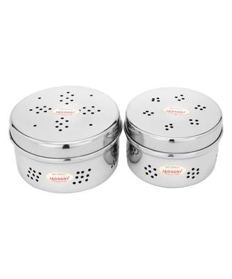 Stainless Steel Hole Puri Dabba   Sprout  Dhaniya Dibba  Pack of 2(Dia 10.5cm H 5.5cm)and(Dia 12.5cm H 6) 1