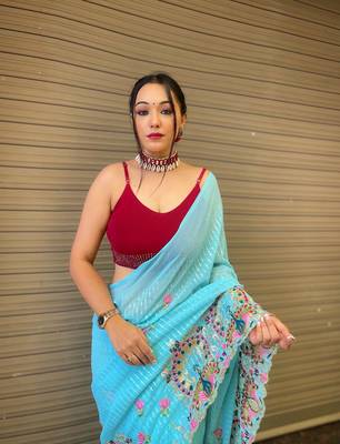 sky-blue Georgette Designer Multi Sequins Embroidery Saree 2