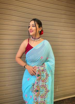 sky-blue Georgette Designer Multi Sequins Embroidery Saree 1