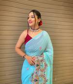 sky-blue Georgette Designer Multi Sequins Embroidery Saree