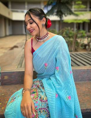 sky-blue Georgette Designer Multi Sequins Embroidery Saree 3