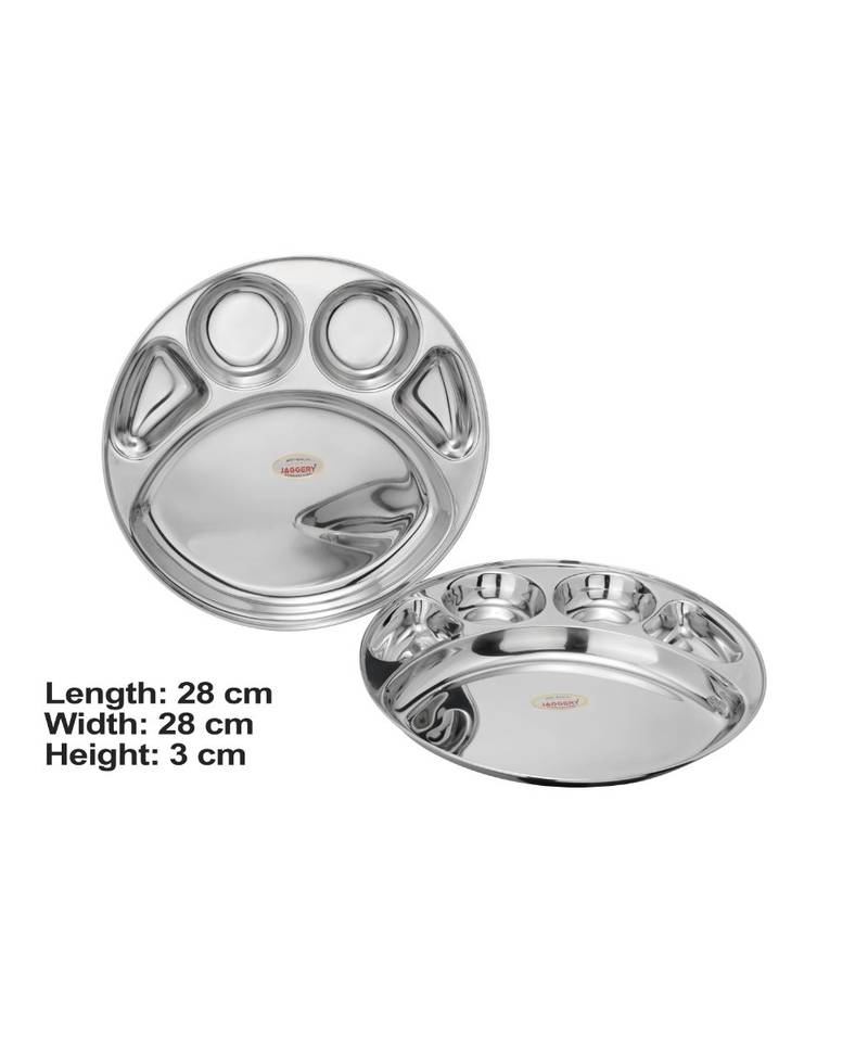 Stainless Steel 5 in 1 Round Compartment Tray (Dia   30.5cm  Pack of 2) Bhojan Thali  Lunch or Dinner Plate