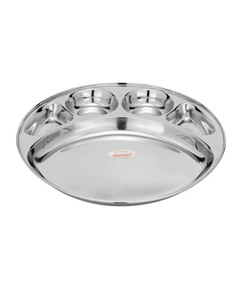 Stainless Steel 5 in 1 Round Compartment Tray (Dia   30.5cm  Pack of 4) Bhojan Thali  Lunch or Dinner Plate