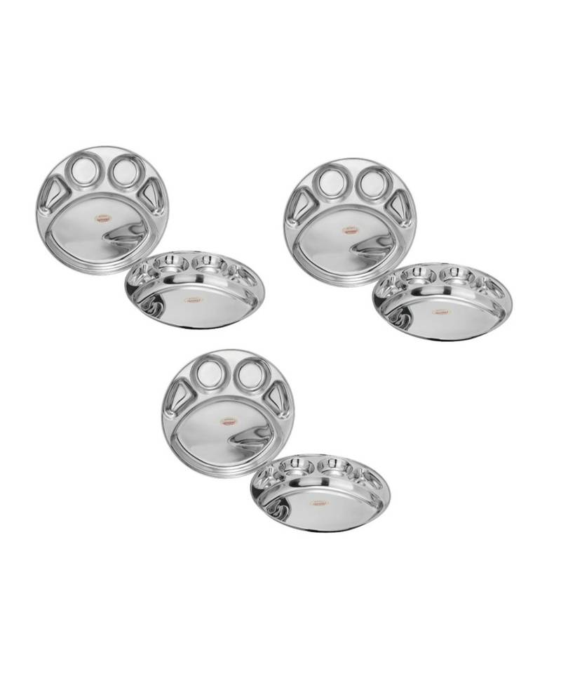 Stainless Steel 5 in 1 Round Compartment Tray (Dia   30.5cm  Pack of 6) Bhojan Thali  Lunch or Dinner Plate