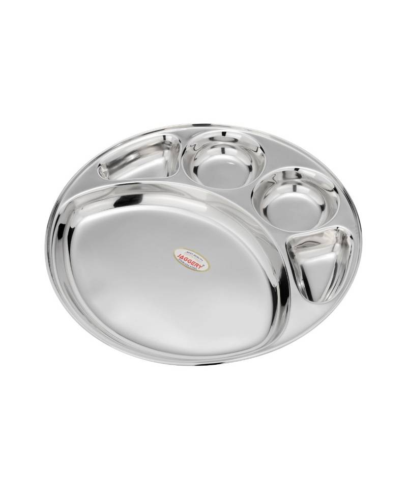 Stainless Steel 5 in 1 Round Compartment Tray (Dia   28cm  Pack of 6) Bhojan Thali  Lunch or Dinner Plate