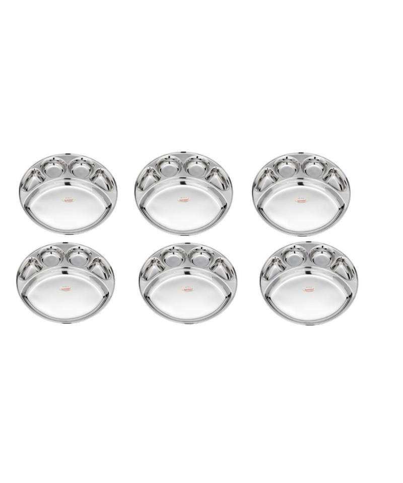 Stainless Steel 5 in 1 Round Compartment Tray (Dia   28cm  Pack of 6) Bhojan Thali  Lunch or Dinner Plate