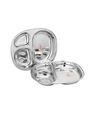 Stainless Steel 3 in 1 Compartment Tray ( L  22cm  W 18cm  H  3cm  Pack of 2)  Bhojan Thali  Lunch Dinner Plate 1