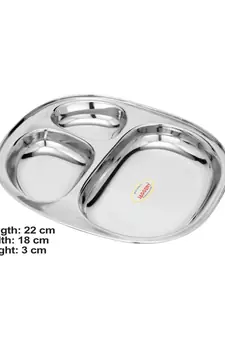 Stainless Steel 3 in 1 Compartment Tray ( L  22cm  W 18cm  H  3cm  Pack of 2)  Bhojan Thali  Lunch Dinner Plate
