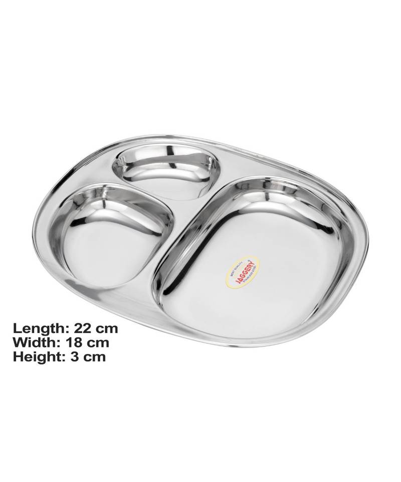 Stainless Steel 3 in 1 Compartment Tray ( L  22cm  W 18cm  H  3cm  Pack of 2)  Bhojan Thali  Lunch Dinner Plate
