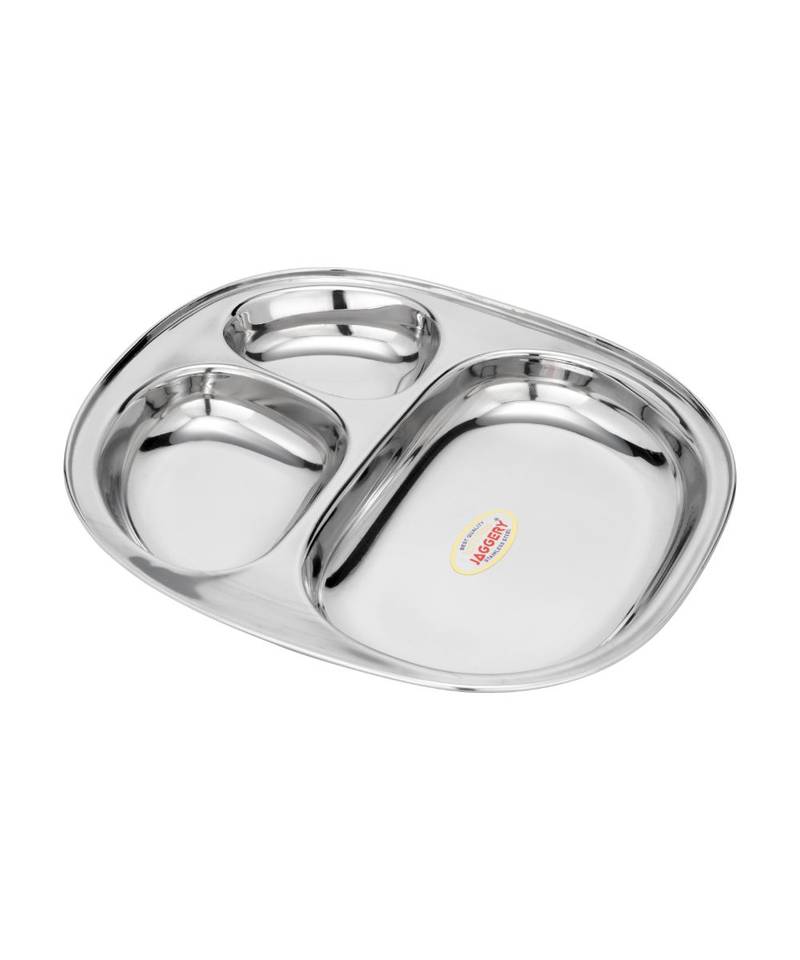 Stainless Steel 3 in 1 Compartment Tray ( L  22cm  W 18cm  H  3cm  Pack of 2)  Bhojan Thali  Lunch Dinner Plate