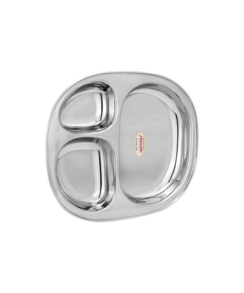 Stainless Steel 3 in 1 Compartment Tray ( L  26.5cm  W 23cm  H  3.5cm  Pack of 2) Bhojan Thali Dinner Plate