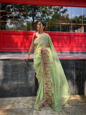 Parrot-green Georgette Designer Multi Sequins Embroidery Saree 1