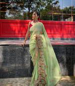 Parrot-green Georgette Designer Multi Sequins Embroidery Saree