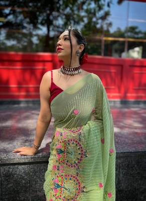 Parrot-green Georgette Designer Multi Sequins Embroidery Saree 3