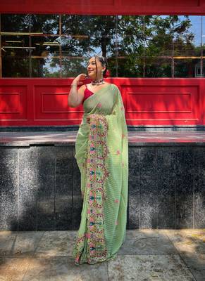 Parrot-green Georgette Designer Multi Sequins Embroidery Saree 4
