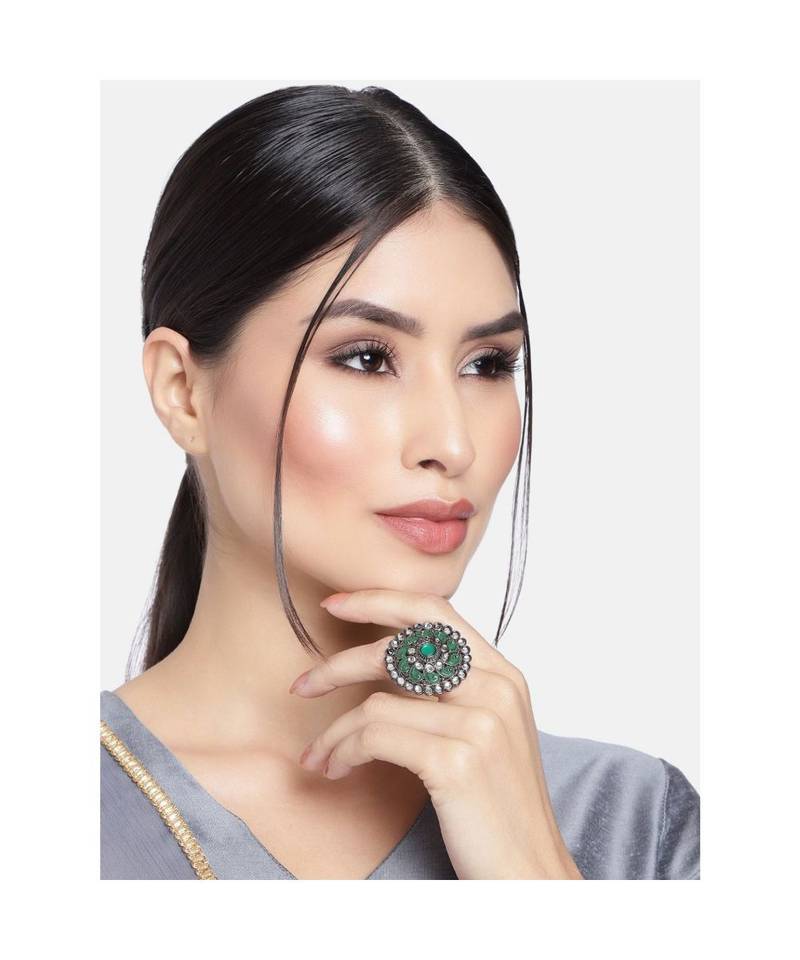 Silver Oxidized Kundan Meenakari Work Designer Adjustable Finger Ring for Women 