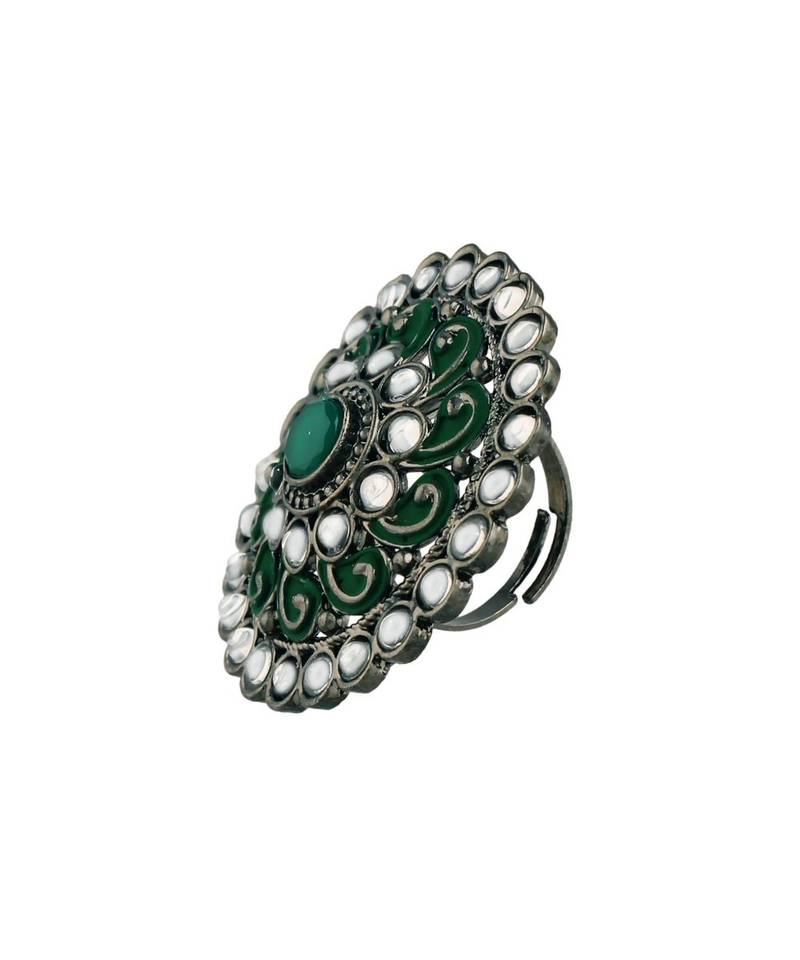 Silver Oxidized Kundan Meenakari Work Designer Adjustable Finger Ring for Women 