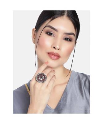 Silver Oxidized Kundan Meenakari Work Designer Adjustable Finger Ring for Women (FL200M) 2