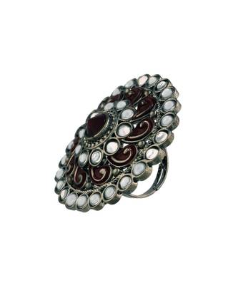 Silver Oxidized Kundan Meenakari Work Designer Adjustable Finger Ring for Women (FL200M) 3