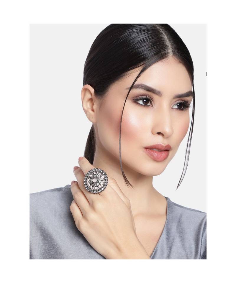 Silver Oxidized Kundan Meenakari Work Designer Adjustable Finger Ring for Women (FL200Pi)