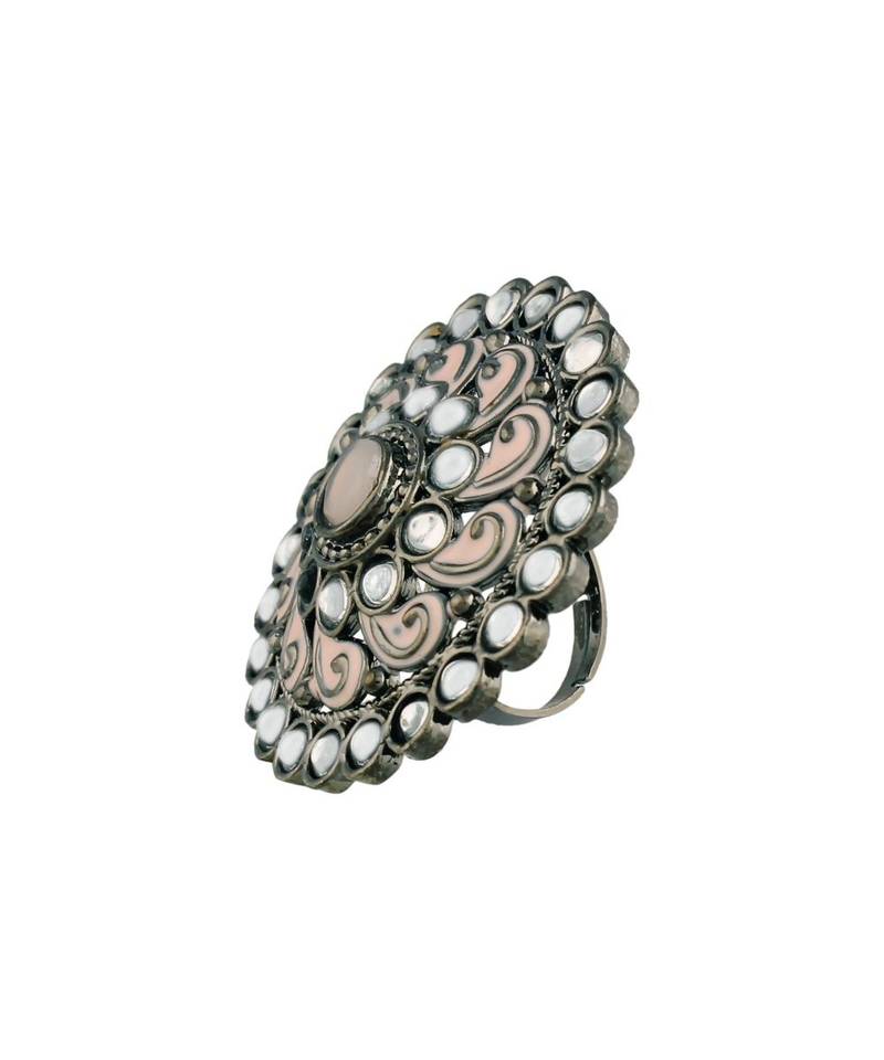 Silver Oxidized Kundan Meenakari Work Designer Adjustable Finger Ring for Women (FL200Pi)