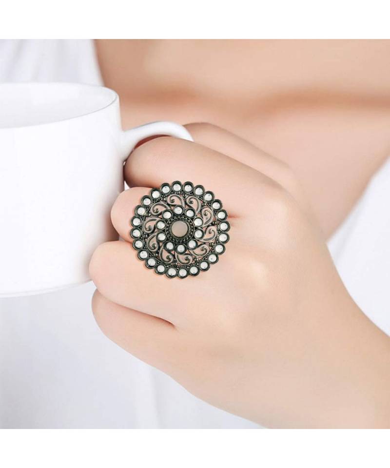Silver Oxidized Kundan Meenakari Work Designer Adjustable Finger Ring for Women (FL200Pi)