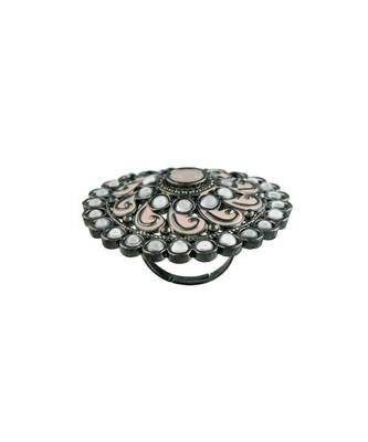Silver Oxidized Kundan Meenakari Work Designer Adjustable Finger Ring for Women (FL200Pi) 5
