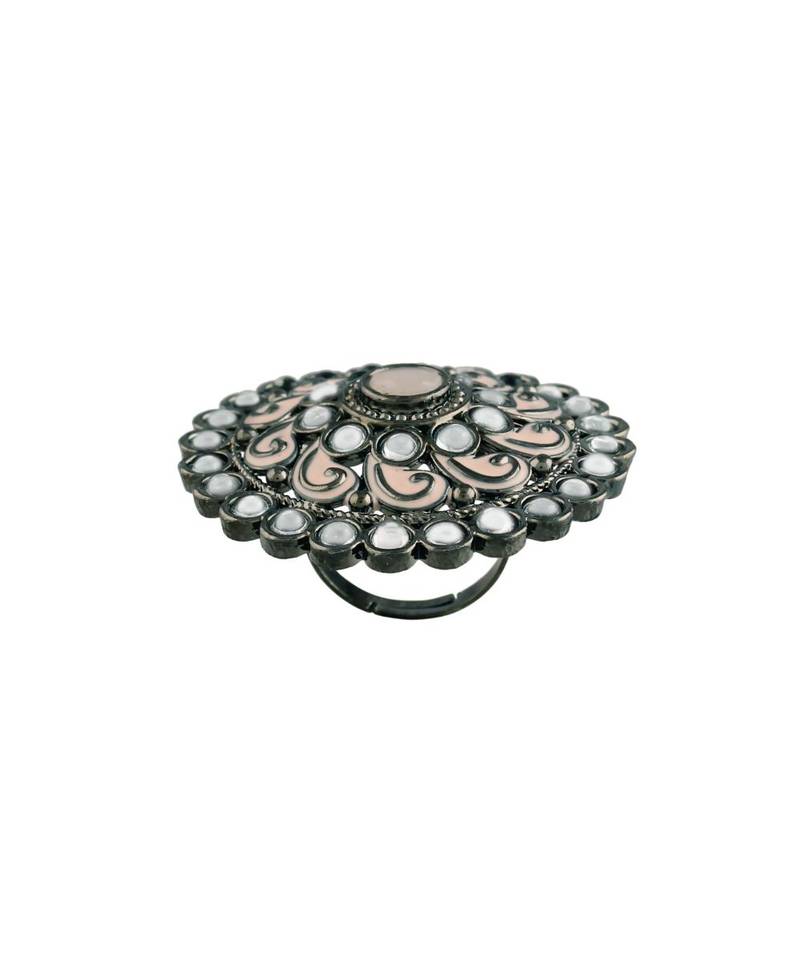 Silver Oxidized Kundan Meenakari Work Designer Adjustable Finger Ring for Women (FL200Pi)
