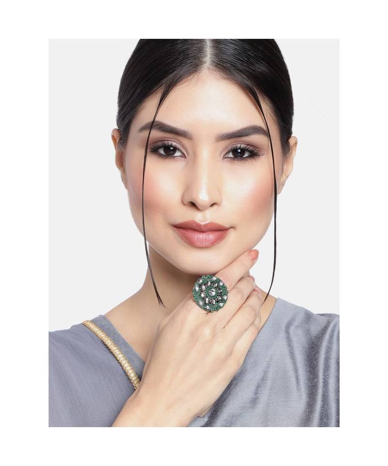 Silver Oxidized Kundan Meenakari Work Designer Adjustable Finger Ring for Women 