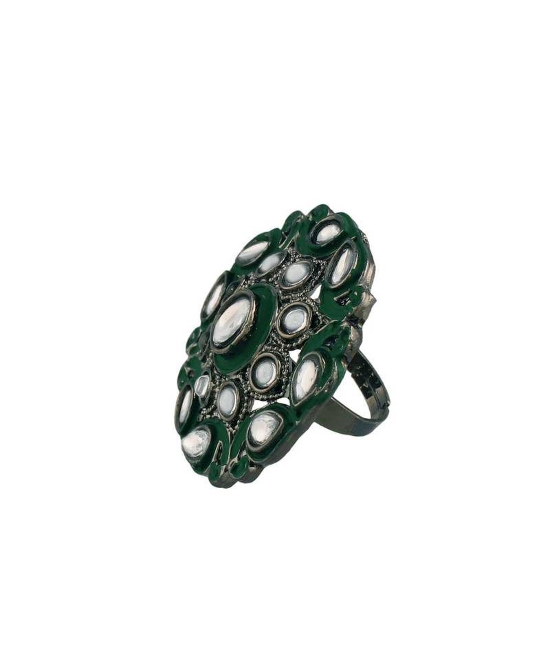 Silver Oxidized Kundan Meenakari Work Designer Adjustable Finger Ring for Women 