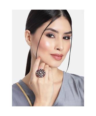 Silver Oxidized Kundan Meenakari Work Designer Adjustable Finger Ring for Women  2