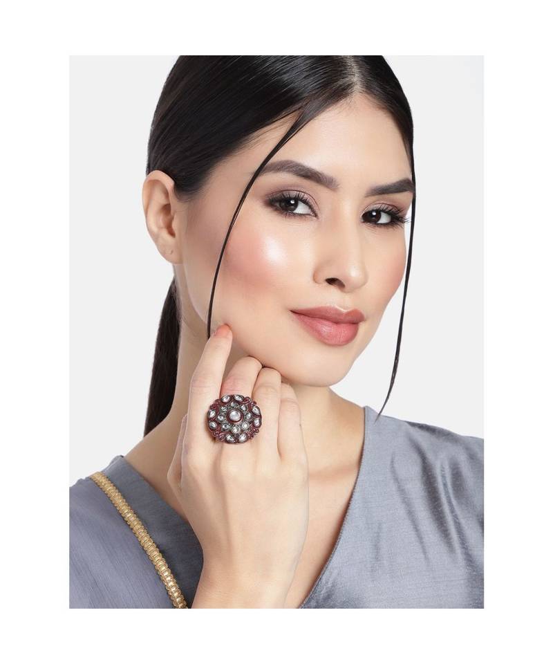 Silver Oxidized Kundan Meenakari Work Designer Adjustable Finger Ring for Women 