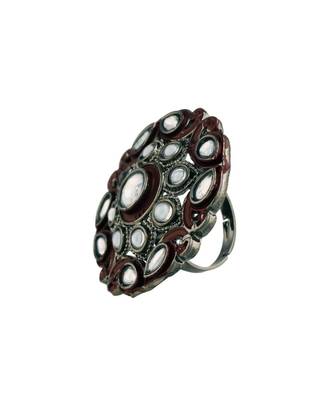 Silver Oxidized Kundan Meenakari Work Designer Adjustable Finger Ring for Women  3