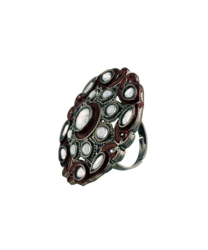 Silver Oxidized Kundan Meenakari Work Designer Adjustable Finger Ring for Women 