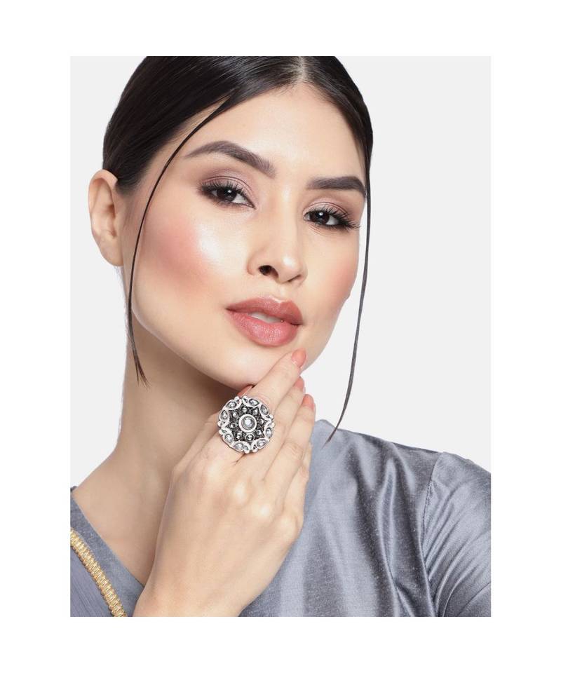 Silver Oxidized Kundan Meenakari Work Designer Adjustable Finger Ring for Women 
