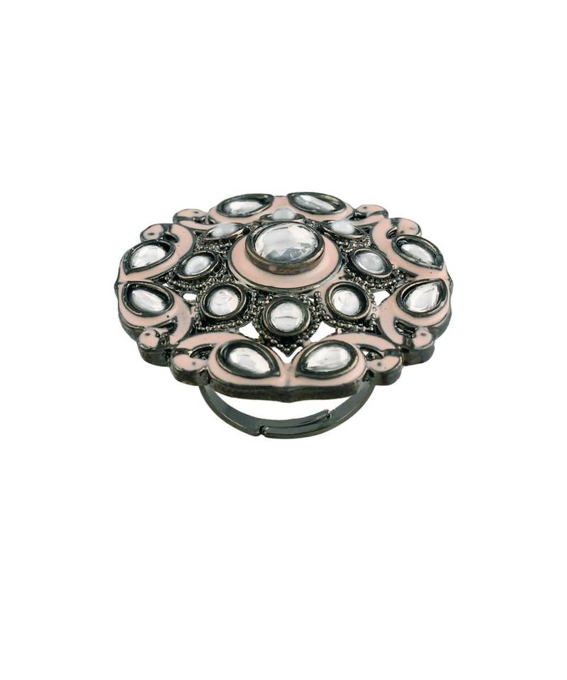 Silver Oxidized Kundan Meenakari Work Designer Adjustable Finger Ring for Women 