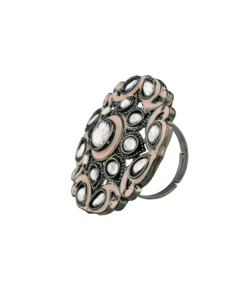 Silver Oxidized Kundan Meenakari Work Designer Adjustable Finger Ring for Women 