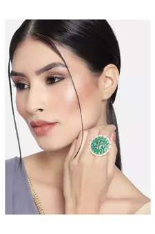 Traditional Green Kundan & Pearl Studded Adjustable Finger Ring for Women (FL202G)